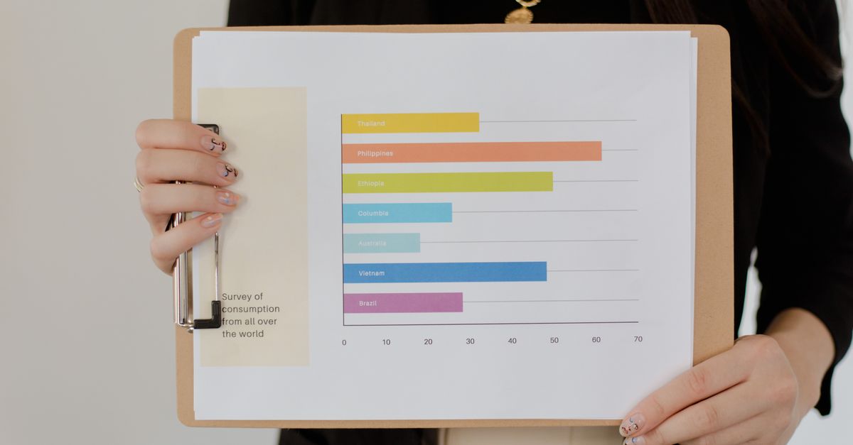 Businesswoman displaying bar chart survey results on clipboard. Ideal for business analysis stock photos.